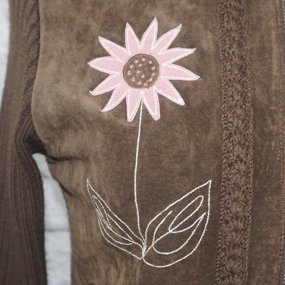 Vintage Y2K Leather Wool Embroidered Floral Zip Jacket - Picture 2 of 8